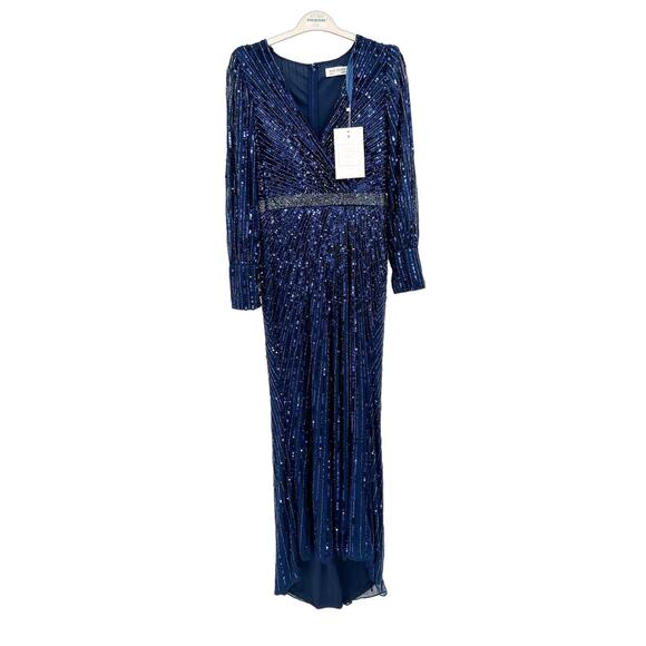Mac Duggal 5501 Midnight Sequined Wrap Over Bishop Sleeve Gown Size 10 NWT - Picture 6 of 8